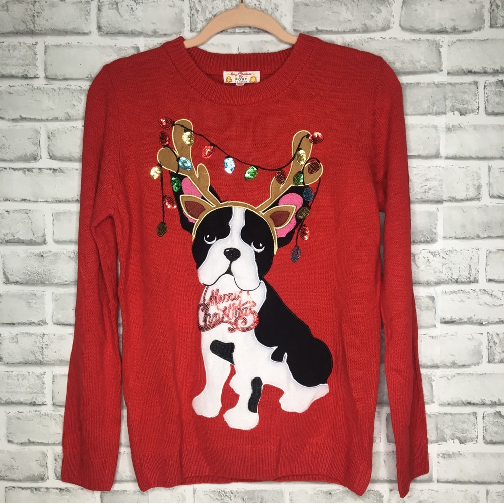 Merry Christmas by Poof Boston Terrier Sweater Size S